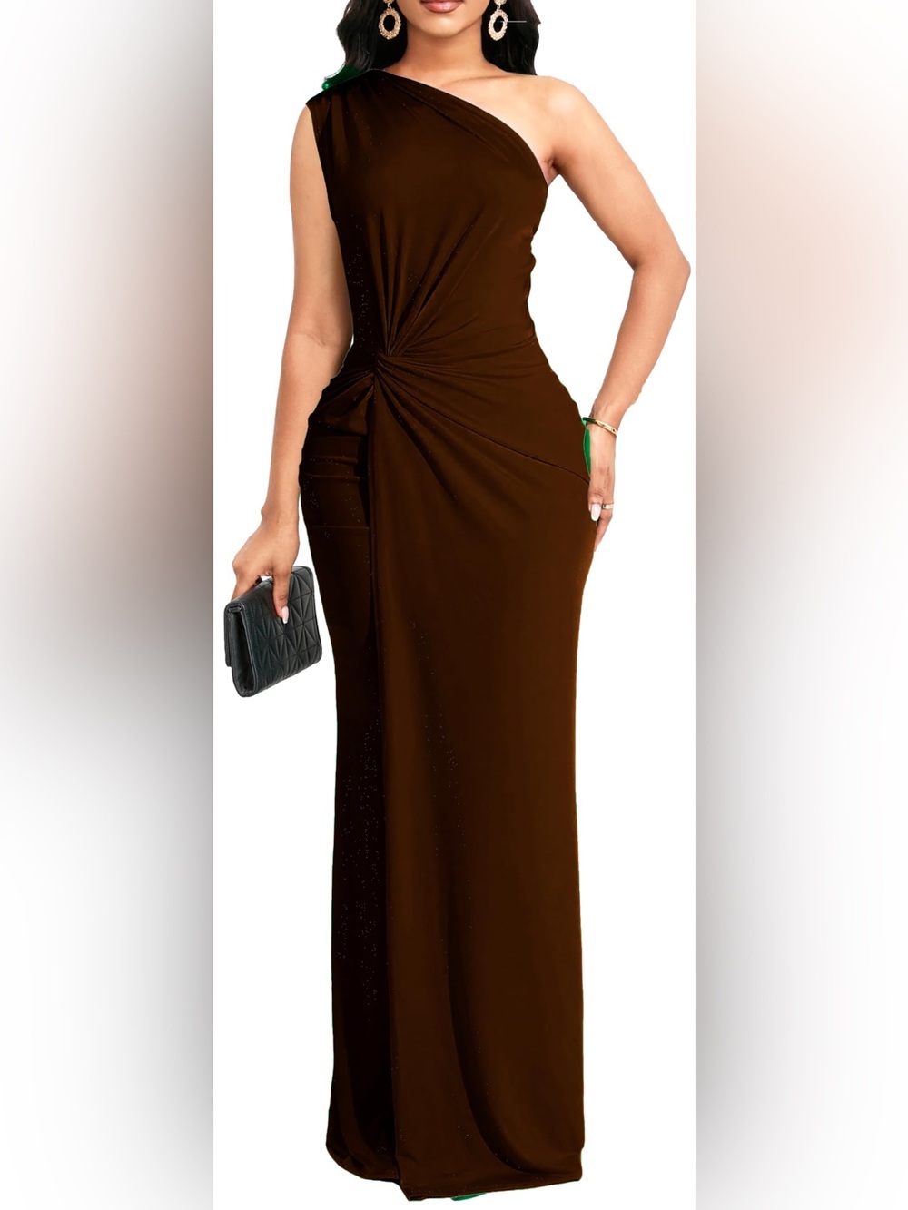Women's Elegant One-Shoulder Brown Twist-Front Dress XL Brown